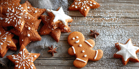 holiday gingerbread cookies, star shapes and gingerbread men, decorated with white icing, scattered on a rustic light brown wooden surface