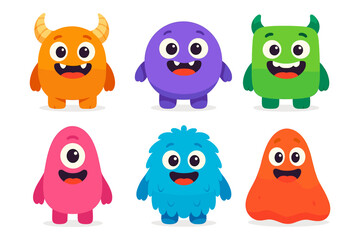 Colorful cute monsters with happy expressions on white background