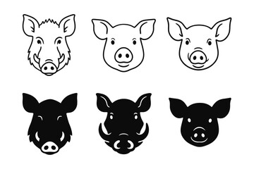 Fototapeta premium Animal faces collection featuring boar and pig heads in linear and silhouette styles