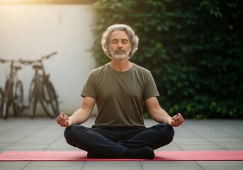 Mature man meditating outdoors on a yoga mat in peaceful serenity.