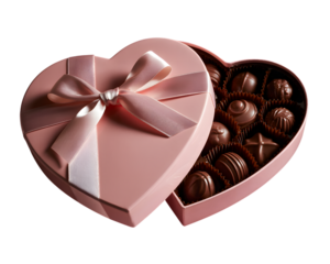 Pink heart shaped chocolate box with assorted chocolates isolated on transparent background