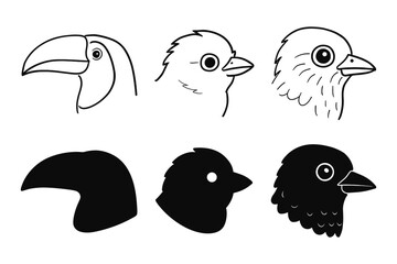 Fototapeta premium Bird head profiles in black and white outline and silhouette styles