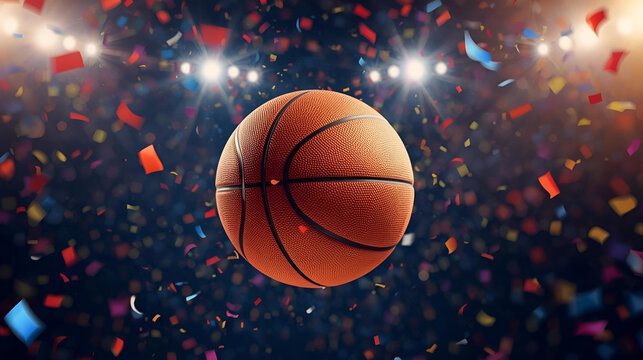 orange rubber basketball flying in the air with confetti at the stadium court, ai
