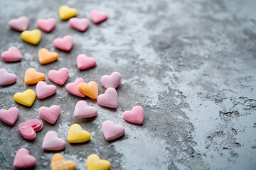 A background of small pink and yellow heart-shaped candies scattered on the gray concrete surface