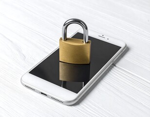 Mobile security concept displaying padlock on top of white smart phone device