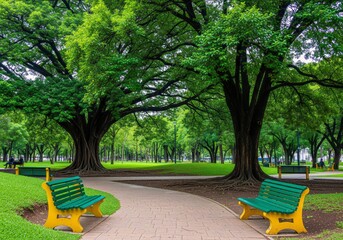 Peaceful park scene with large trees and green benches on a sunny day.