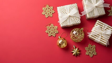 Festive christmas gifts and golden ornaments on a red background with copy space