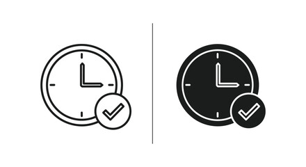 Clock with Checkmark Icon Set: Time Completed & Schedule Approved Symbols in Outline and Solid Glyph Styles