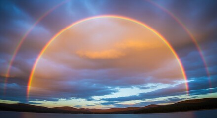 Double rainbow arcs across a lake at sunset with golden clouds and dark sky