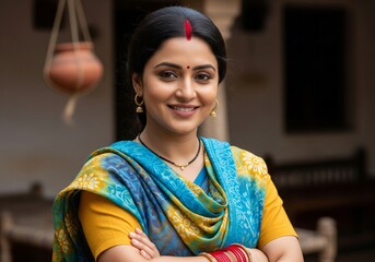 Portrait of a smiling Indian woman in traditional attire.