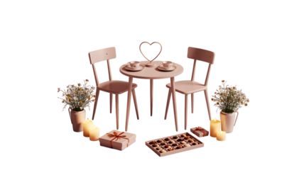 Romantic table setting with chairs and candles isolated on transparent background