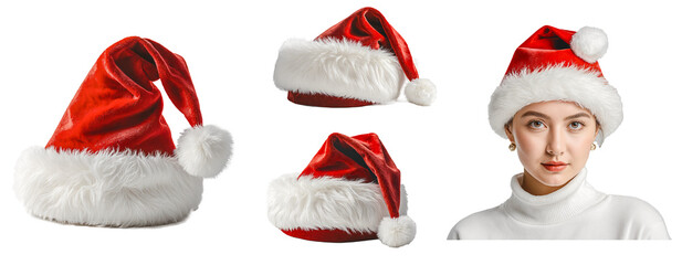 Santa hats collection with red velvet fabric, white faux fur trim, fluffy pom-pom details and portrait of woman wearing Christmas hat on transparent background