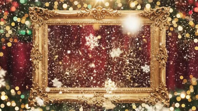 Festive Gold Frame with Snowfall Animation - A beautifully ornate gold frame is the centerpiece, set against a festive background with twinkling lights and gentle snowfall.