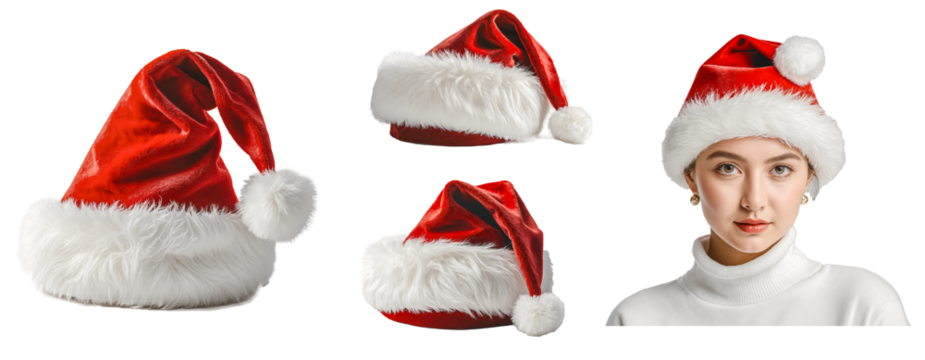 Santa hats collection with red velvet fabric, white faux fur trim, fluffy pom-pom details and portrait of woman wearing Christmas hat on transparent background

