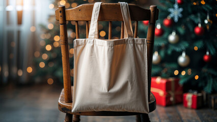 Fototapeta premium Canvas Tote Bag on Wooden Chair in Cozy Christmas Home Interior
