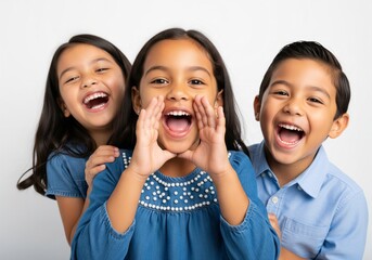 Three Happy Diverse Children Laughing and Shouting Together.