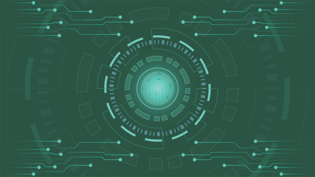Green cyber security background featuring a glowing fingerprint scan with digital circles and circuit lines ideal for technology privacy biometrics authentication data safety and modern tech themes