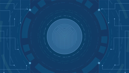 Obraz premium Blue cyber technology background featuring a glowing fingerprint scan with circular digital patterns and circuit lines ideal for security privacy biometrics data protection and modern tech themes