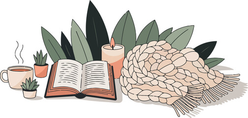 Cozy Still Life with Book, Candle and Blanket Vector, Comfortable Interior Illustration, Warm Hygge Concept Graphic Design, Relaxing Time