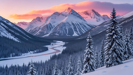 Majestic snowy mountain valley at sunrise with pine trees