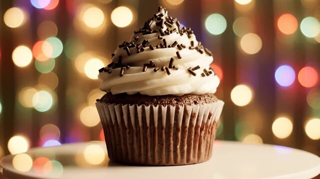 Gourmet Chocolate Cupcake with Sprinkles - A delicious chocolate cupcake with creamy white frosting and chocolate sprinkles sits on a cake stand.