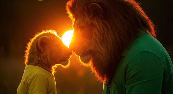 Cinematic shot of an anthropomorphic lion father and cub touching noses in a tender moment against a warm golden sunset background