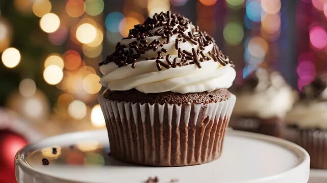 Gourmet Chocolate Cupcake with Creamy Frosting - This video shows a delicious chocolate cupcake, topped with creamy white frosting and chocolate sprinkles, sitting on a white cake stand.