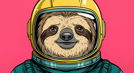 Obraz premium Pop art portrait of an anthropomorphic sloth astronaut in a yellow space helmet and green suit on a pink background