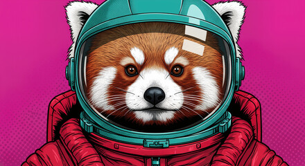 Anthropomorphic red panda astronaut wearing a teal space helmet in a retro pop art style against a pink background