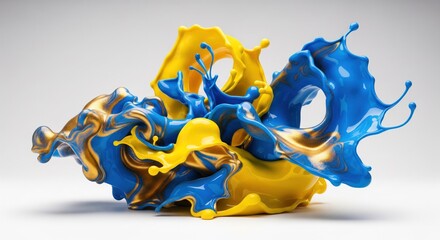 Dynamic, colorful liquid splash of gold, yellow, and blue against a plain white backdrop