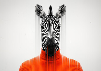 Obraz premium Abstract portrait of an anthropomorphic zebra in an orange turtleneck with a melting digital glitch effect