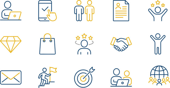Business icons, teamwork, achievement, communication, mobile interaction, global collaboration, career growth, motivation, productivity, goal setting, minimal vector style, illustration