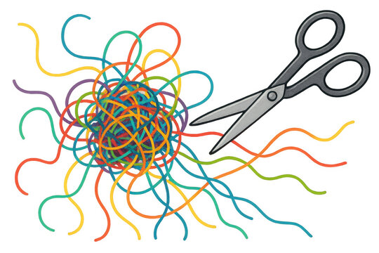 Scissors cutting tangled chaotic knot of colorful yarn or string, simplifying problems, finding solutions, transparent background