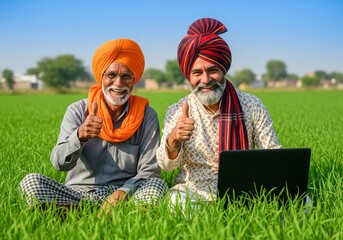 Two smiling elderly Indian farmers giving thumbs up with a laptop in a lush green agricultural field.
