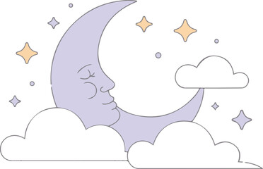Crescent Moon with Clouds Vector Art, Dreaming Night Cartoon Illustration with Stars, Whimsical Sleepy Lunar Character Graphic Design