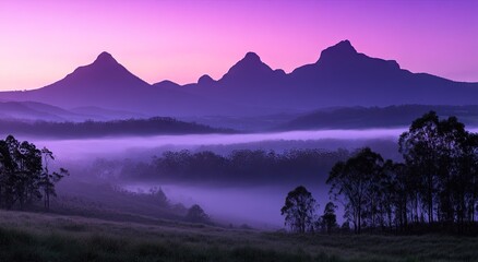 A beautiful mountain range at sunrise, with layers of purple and pink hues in the sky, creating an ethereal atmosphere