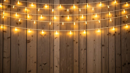 Warm string lights adorning rustic wooden background