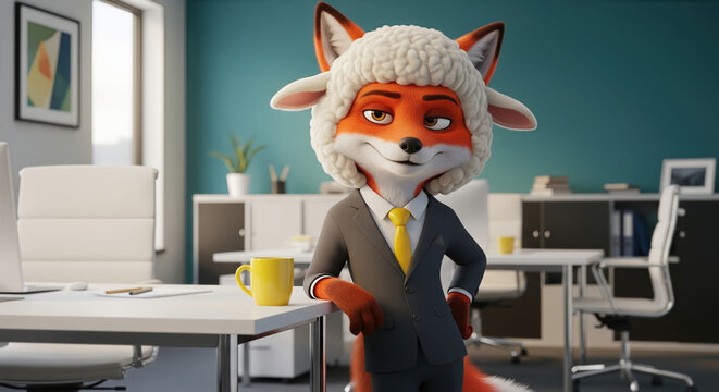 Anthropomorphic fox businessman wearing sheep wool costume and suit leaning on desk in office