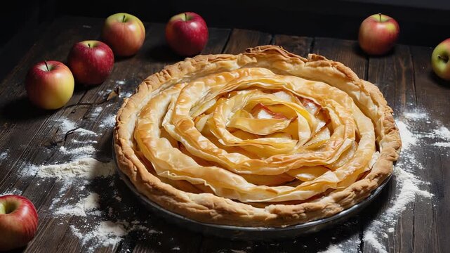 Rustic Apple Pie with Phyllo Dough Crust on Dark Wood Table with Fresh Apples, Homemade Dessert, Baking Concept