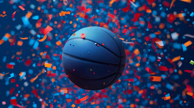 blue basketball flying in the air with blue background and flying confetti, ai