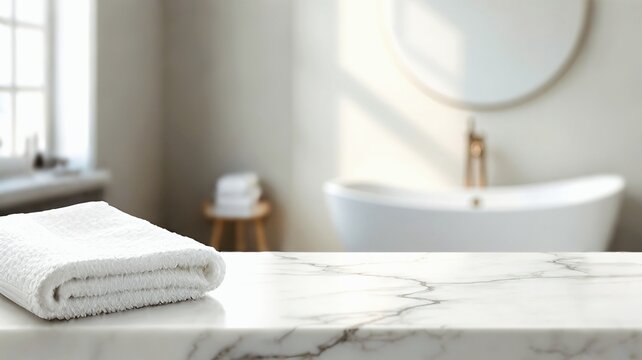 Empty marble table top on blurred minimalistic luxury bathroom at apartment, white day light, clean cozy colors. Place for product display, showing products, side view