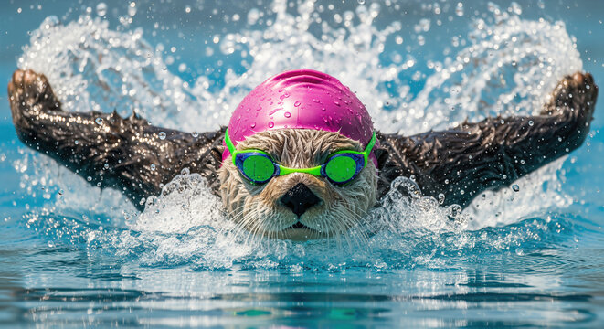 Cinematic shot of a determined otter wearing a pink swim cap and goggles swimming fast in a pool