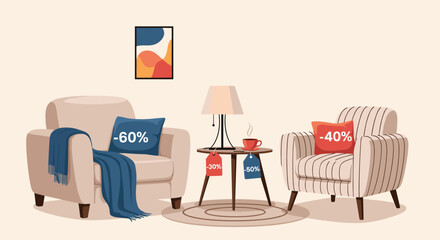 Cozy living room scene with two armchairs and a side table featuring sale tags.