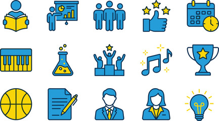 Education and achievement icons, teamwork, creativity, innovation, extracurricular activities, vector illustration, colorful design, school elements, success, learning, motivation, editable stroke