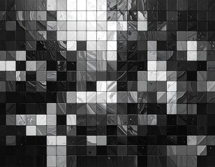 Monochrome mosaic tile art with a digitally rendered marble design background