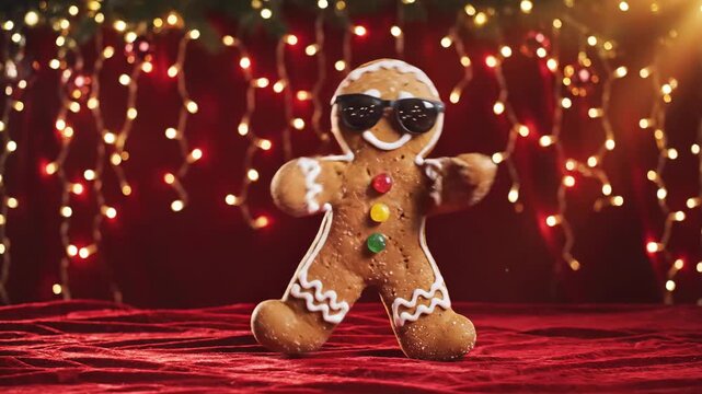 Gingerbread Man with Sunglasses Dancing on Red - A gingerbread man wearing sunglasses stands on a red velvet surface, with decorative Christmas lights in the background.