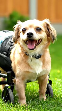 Precious little pup with a disability happily navigating life in a wheelchair. This cheerful pet is standing on a vibrant green lawn, displaying incredible strength and joy