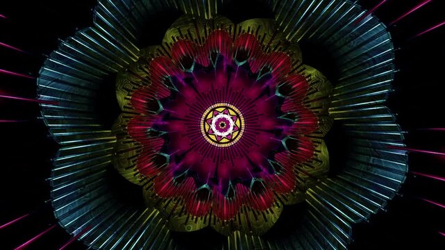 Radiant mandala of vivid petals and metallic textures forming a hypnotic symmetrical flower pattern, glowing kaleidoscope geometry rendered in 3D with vibrant colors, futuristic ornamental abstract