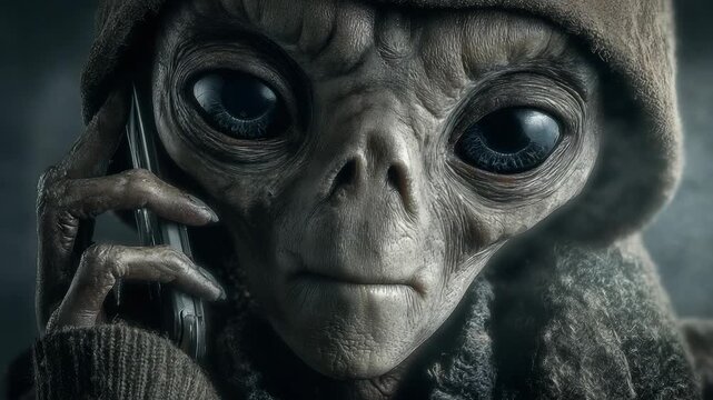 Close-up of a Grey Alien Holding a Smartphone to its Ear, Communicating with Extraterrestrial Technology, Wearing a Hooded Garment