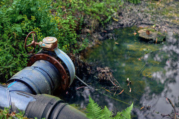 Fototapeta premium Pipe valve and rusted connector discharging into a small pond with green algae, stagnant water and overgrown vegetation, industrial plumbing near wetland showing leakage and pollution.